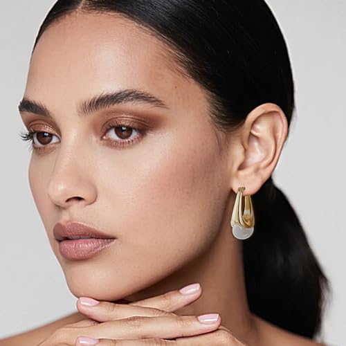 LAXPICOL Gold Chunky Dangle Earrings For Women Resin Stone Earrings Hoop Earrings, 18k Plated Oval Resin Stone Statement Earrings for Women Unique Dangling Teardrop Baroque Huggies Hoop Earrings - color: white-Teardrop 1