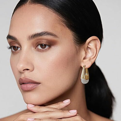 LAXPICOL Gold Chunky Dangle Earrings For Women Resin Stone Earrings Hoop Earrings, 18k Plated Oval Resin Stone Statement Earrings for Women Unique Dangling Teardrop Baroque Huggies Hoop Earrings - color: white-Teardrop 1