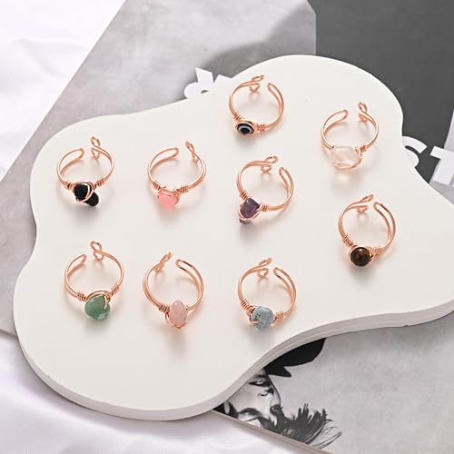 9 PCS Healing Crystal Ring, Adjustable Wire Wrapped Rings Irregular Gemstone Rings Set for Women - color: Rose Gold-Style A
