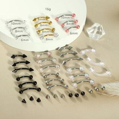 Suotarn Eyebrow Piercing Jewelry Surgical Steel Curved Barbell Tiny Eyebrow Ring Vertical Labret Lip Jewelry Ear Rook Helix Conch Daith Earrings For Women Men 16g 6mm/8mm/10mm