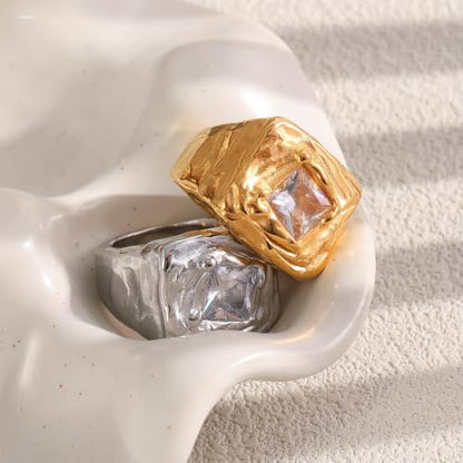 Fashion Square CZ Chunky Statement Ring for Women Size 7 | Stainless Steel, Hammered Textured, Rough, Geometric Crystal, Wide Stacking, Wedding Engagement Eternity Band, Dainty Jewelry - color: Silver