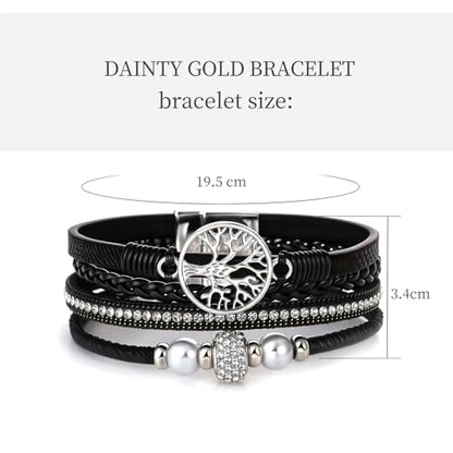 hotoo Leather Wrap Bracelets for Women Tree of Life Cuff Bracelets Pearl Rhinestone Bead Multi-Layer Bracelets Bohemian Jewelry Gift for Women - color: Black