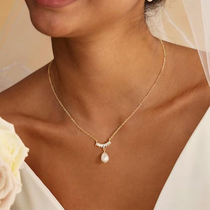 Pearl Necklaces for Women,Dainty Gold Pendant Necklaces Waterproof Jewelry | 14K Gold Plated Pearl Necklaces,Dainty Elegant Wedding Necklace,Small Cute Adjustable Minimalist Necklace,Non Tarnish Jewelry - color: GOLD-12