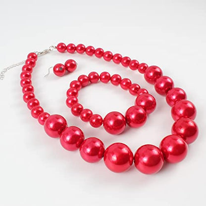 COLORFUL BLING Chunky Multicolor Simulated Pearl Choker Necklace Drop Dangle Earrings Bracelet Set Crystal Bib Big Large Round Beaded Strand for Women Brides Costume Statement 1920s Wedding Jewelry - color: Red1