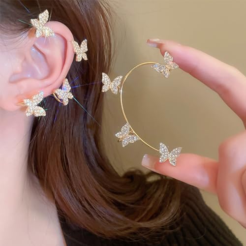 Butterfly Ear Cuff Earrings Sparkly Butterfly Ear Wrap Clip On Earrings Fairy Right Left Ear Cuffs Non Piercing - color: Gold
