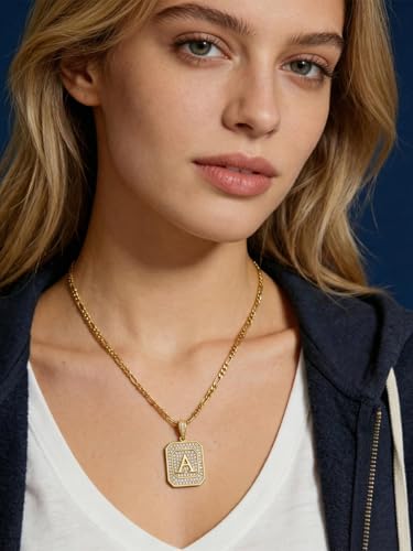 Initial Letter Pendant Necklace for Men Women, 14K/18K Gold A-Z | Square Monogram Pendant Jewelry Waterproof and colorfast with Figaro Chain, Gifts for Women Men - style: 14K Gold M