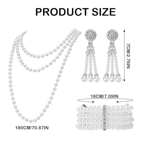 1920s Pearl Jewelry Set - Long Pearl Necklace, Earring Set, Multilayer Bracelet - Flapper Accessories for Women - color: Noble