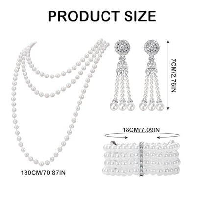 1920s Pearl Jewelry Set - Long Pearl Necklace, Earring Set, Multilayer Bracelet - Flapper Accessories for Women - color: Noble