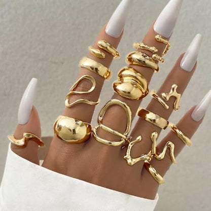 Chunky Rings for Women Non Tarnish 14k Stackable Dome Statement Rings Sets Vintage Dainty Knuckle Open Midi Finger Rings Jewelry Pack Gifts - style: 15PCS