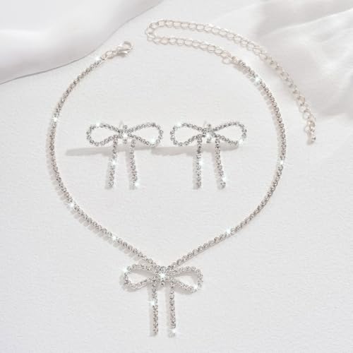 Gold Rhinestone Jewelry Set for Women Crystal Choker Necklaces Drop Earrings Adjustable Bracelet Elegant Prom Bridal Jewelry - color: Silver A