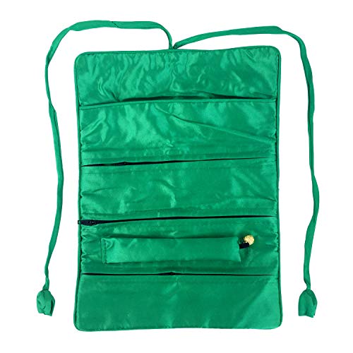 Travel Jewelry Roll Bag - Silk Embroidered Brocade Pouch for Rings, Necklaces, Earrings, Bracelets | Lightweight & Tie Closure (Dark Green) - color: Dark Green