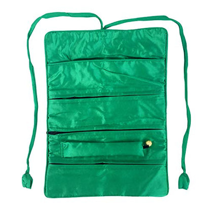 Travel Jewelry Roll Bag - Silk Embroidered Brocade Pouch for Rings, Necklaces, Earrings, Bracelets | Lightweight & Tie Closure (Dark Green) - color: Dark Green