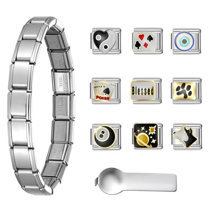 Stainless Steel Italian Charm Bracelet, 18 Link Starter Bracelet 9mm Charms | Italian Charm Bracelet with 9Pcs/20Pcs Charms and Opening Tools, Classic 9mm Modular Charm, Personalized Jewelry Gift - color: D-Silver