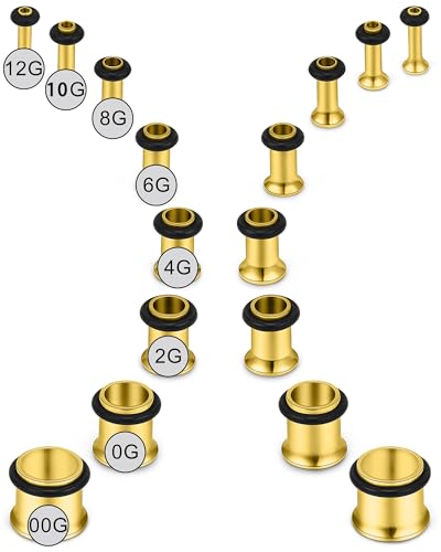 Jenxnjsjo 14g to 7/8in Ear Gauges Plugs Tunnels Taper Earrings Stretching Expander Kit Set for Women Men - color: 103: Single Flare, Gold, size: 12g to 00g (8 sizes)