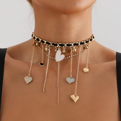 PLOUTOS Statement Layered Choker Necklace for Women Black Woven Chain With Charms And Dangles Plus-Shape Star Spike And Bar Pendants Adjustable Punk Y2K Style - color: Gold A