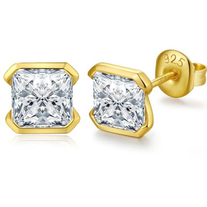 Brilliant Heart-cut/Oval-cut/Trillion-cut/Cushion-cut/Emerald-cut/Marquise-cut Stud, 925 Sterling Silver Cubic Zirconia Stud Earrings for Women Men - style: H-Square-cut-Yellow