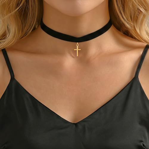 Qceasiy Gothic Black Necklace for Women, Adjustable Victorian Velvet Lace Collar, Halloween Party Cosplay Jewelry Gift - style: Cross