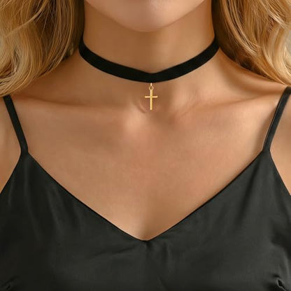 Qceasiy Gothic Black Necklace for Women, Adjustable Victorian Velvet Lace Collar, Halloween Party Cosplay Jewelry Gift - style: Cross