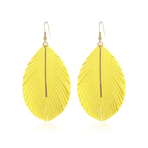 YUNXI Large Genuine Soft Leather Handmade Fringe Feather Lightweight Leaf with Simple Drop Metal Bar Tear Drop Dangle Color Earrings for Women - color: Light Yellow