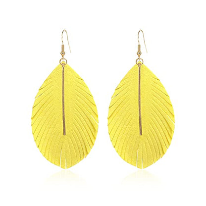 YUNXI Large Genuine Soft Leather Handmade Fringe Feather Lightweight Leaf with Simple Drop Metal Bar Tear Drop Dangle Color Earrings for Women - color: Light Yellow