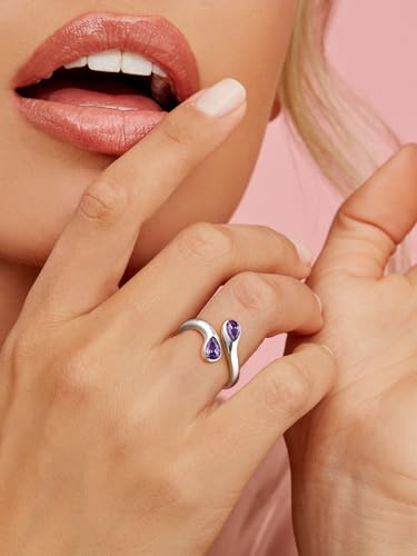 Bestyle Silver Birthstone Ring for Women, Dainty Sterling Silver Teardrop Ring Open Adjustable Band Ring, Love Statement TOI et Moi Ring Promise Ring for Her - color: 02.February ( Amethyst)
