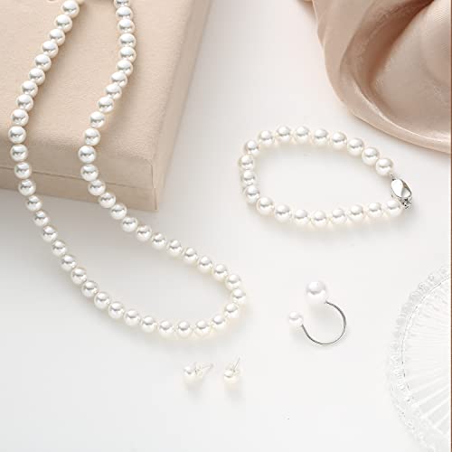 Pearl Jewelry Set for Women, Complete Set Includes Necklace, Bracelet, Earrings - Fashion Pearl Jewelry with Box for Wife, Mom, Sister, Bride, Bridesmaid - style: Complete Pearl Jewelry_4 Set