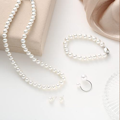 Pearl Jewelry Set for Women, Complete Set Includes Necklace, Bracelet, Earrings - Fashion Pearl Jewelry with Box for Wife, Mom, Sister, Bride, Bridesmaid - style: Complete Pearl Jewelry_4 Set