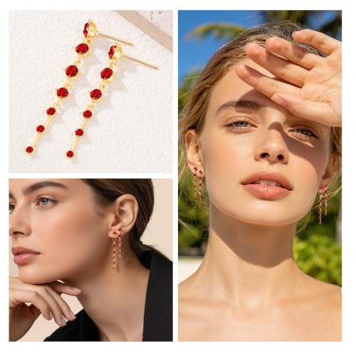 2 Pairs Long Diamond Dangle Tassel Earrings for Women | 14K Gold Silver Plated, Dainty Diamond Crystal Drop Earring, Small Cz Statement Dangly, for Wedding Bridesmaid, Jewelry Gifts - color: 2 Pairs Gold-Red