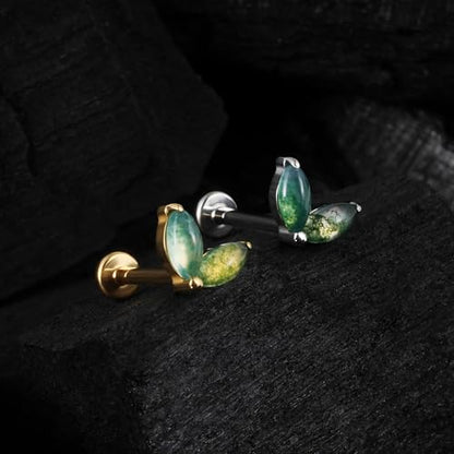 1PC ASTM F136 Titanium Piercing Jewelry for Tragus Conch Helix Flat Labret 18G 6mm 8mm, Cartilage Earring Flatback Stud - color: Moss Agate Grass - Tit