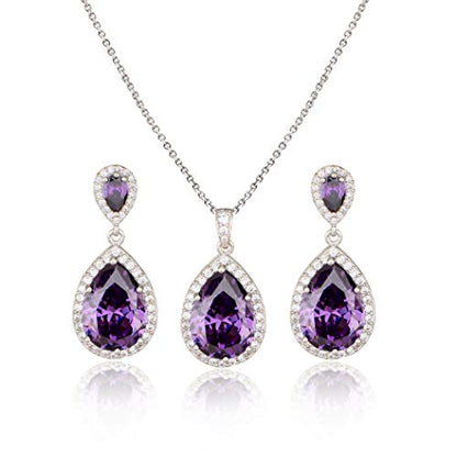 Bridal Jewelry Set for Wedding - 18k Plated Teardrop CZ Crystal Cubic Zirconia Rhinestone Necklace Earrings Set for Bride Bridesmaids Mother of Bride Party Prom Birthstone Costume Jewelry - color: Feb-Amethyst