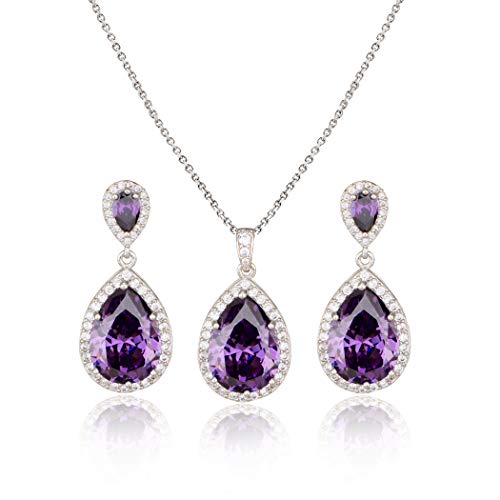 Bridal Jewelry Set for Wedding - 18k Plated Teardrop CZ Crystal Cubic Zirconia Rhinestone Necklace Earrings Set for Bride Bridesmaids Mother of Bride Party Prom Birthstone Costume Jewelry - color: Feb-Amethyst