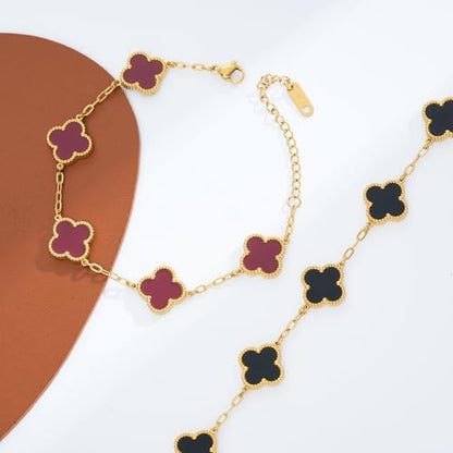Waterproof Four-Leaf Clover Bracelet,Adjustable Link Double Sided Jewelry, Lovely Fashion Jewelry Gift for Women - color: Black Bracelet + Red Bracelet