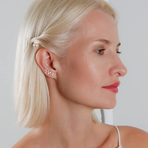 14K Gold or 925 Silver Plated Ear Crawler Earrings - Crystal Leaf Climbers | Hypoallergenic and Safe for Sensitive Ears - color: 14K Rose Gold Plated