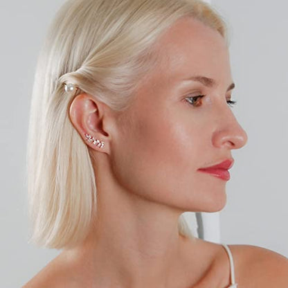 14K Gold or 925 Silver Plated Ear Crawler Earrings - Crystal Leaf Climbers | Hypoallergenic and Safe for Sensitive Ears - color: 14K Rose Gold Plated