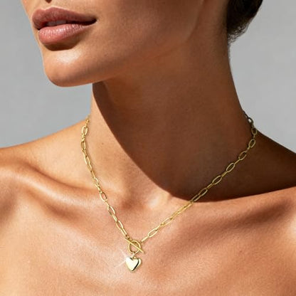 Chunky Gold Necklace for Women, 18K Waterproof Heart Necklace Statement Necklace Gold Charm Necklace Chunky Jewelry Paperclip Chain Choker Gift for Women - style: OT Chain Heart