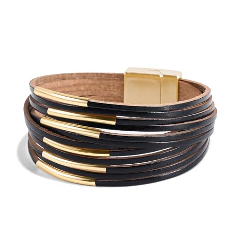 Wrapped Bracelets for Women,Leather Boho Bracelets for Women - color: Leather-Black