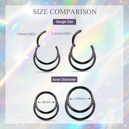 GAGABODY Septum Jewelry 16 Gauge Earrings Double Hoop Daith Earring Surgical Steel Hinged Nose Rings Nose Hoop Helix Tragus Rook Piercing - color: Style5:1pc Black+Smooth Surface