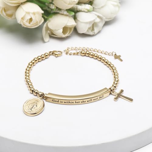 DS Inspirational Bracelet for Women Christian Engraved Bibler Verse Cross Butterfly Daisies Charm Bracelet, Exquisite Stainless Steel Jewelry Daughter Best Friend Bestie - style: God is Within Her She Will Not Fall-Gold