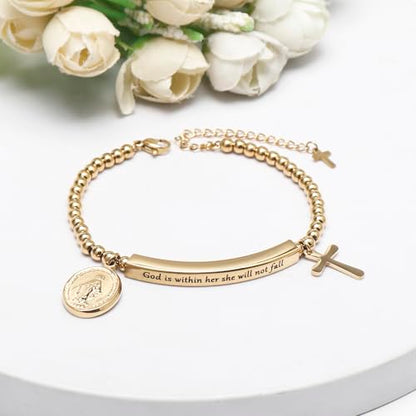 DS Inspirational Bracelet for Women Christian Engraved Bibler Verse Cross Butterfly Daisies Charm Bracelet, Exquisite Stainless Steel Jewelry Daughter Best Friend Bestie - style: God is Within Her She Will Not Fall-Gold