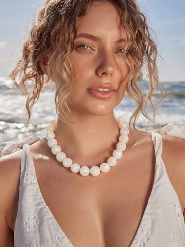 Chunky Beaded Necklaces for Women Statement Necklace | Bold Chunky Choker, Large Resin Beads, Adjustable Necklace, Boho Trendy Summer Beach Holiday Jewelry - color: White-01