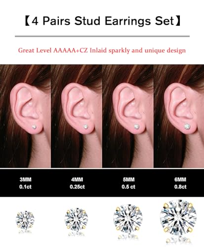 Stainless Steel Stud and Hoop Earrings Sets for Ear Stacks | Choose gold or silver pearl studs, CZ studs, flat backs, butterfly backs, hoops and multi-pair ear stack sets. - color: 4 Pairs 20G Gold