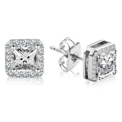 VOLUKA Cubic Zirconia Stud Earrings for Women - Hypoallergenic Earrings for Sensitive Ears - Simulated Diamond CZ - style: Square-W