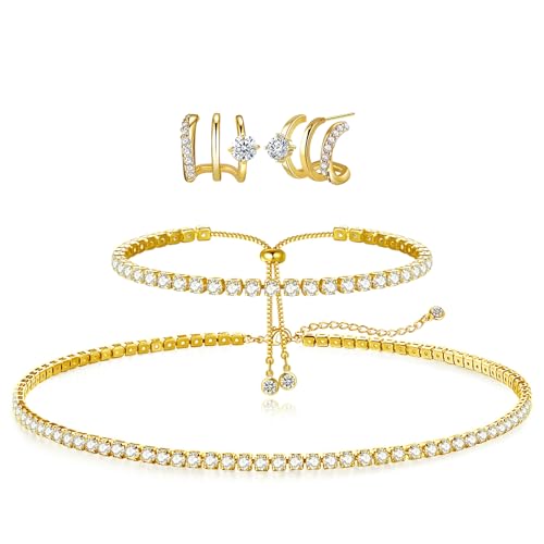 HAXIYA Tennis Necklace Bracelet for Women, Sterling Sliver Jewelry Set, Silver/Gold Chocker Necklace, Crystal Bracelet for Women, Wedding Jewelry for Bride, Sparkly Party Prom Hypoallergenic - color: Hoop Set of 3 - Gold