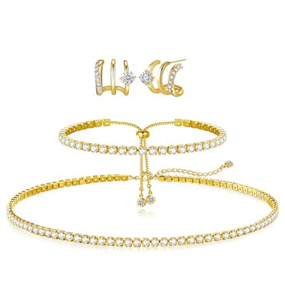 HAXIYA Tennis Necklace Bracelet for Women, Sterling Sliver Jewelry Set, Silver/Gold Chocker Necklace, Crystal Bracelet for Women, Wedding Jewelry for Bride, Sparkly Party Prom Hypoallergenic - color: Hoop Set of 3 - Gold