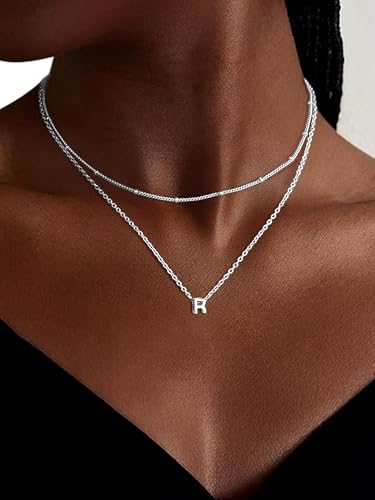 ChicSilver Layered Initial Necklace for Women, 925 Sterling Silver Personalized Letter A-Z Pendant Necklaces, Hypoallergenic Silver Choker with Adjustable 16" Rolo Chain, Dainty Birthday jewelry - style: R