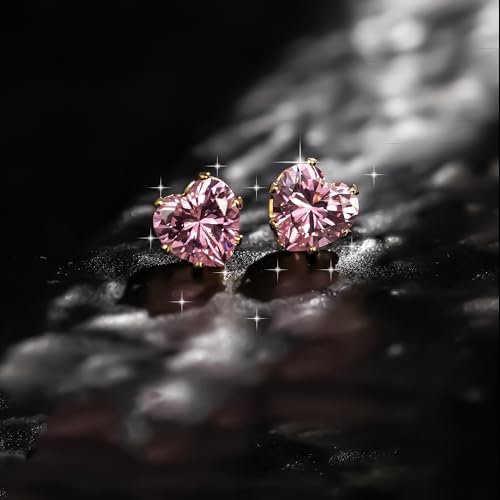 8mm Heart-Cut Birthstone Stud Earrings for Women – 18K Gold Plated Hypoallergenic Cubic Zirconia Earrings, Nickel Free, 12 Months Colors, Everyday Jewelry, Gift for Her, Bridal, Birthday, Christmas - color: 10 Oct pink