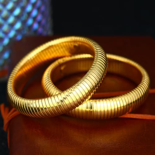 Gold Chunky Stretch Snake Chain Bangle Bracelets Stack for Women Trendy, 18K Gold Filled Stainless Steel Stretchy Womens Stackable Wristband Bangles Bracelet Set - style: GOLD 16MM 2PCS