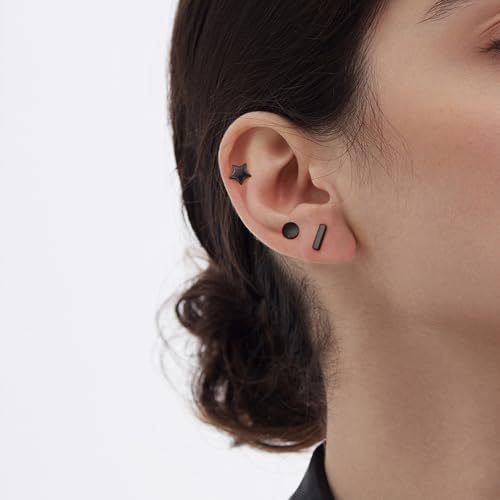 JIAYIQI Minimalist 925 Sterling Silver Stud Earrings Set, 14K Gold Plated Hypoallergenic Tiny Bar Dot Heart Star Studs for Women & Men - style: Black-Star-1Pair