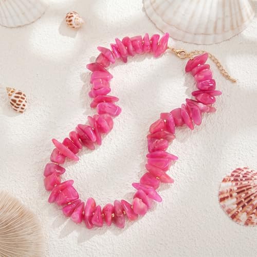 Elegance 11 designs Chunky Heart Necklace for Women, Colorful Acrylic Beaded Statement Puff Heart Necklace, Cute Boho Y2K Choker Necklace for Gift Jewelry - color: Hot Pink