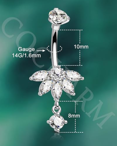 Lotus Belly Button Rings, 14G Dangle Belly Navel Rings for Women, Stainless Steel Belly Navel Piercing Jewelry - color: Silver-10MM